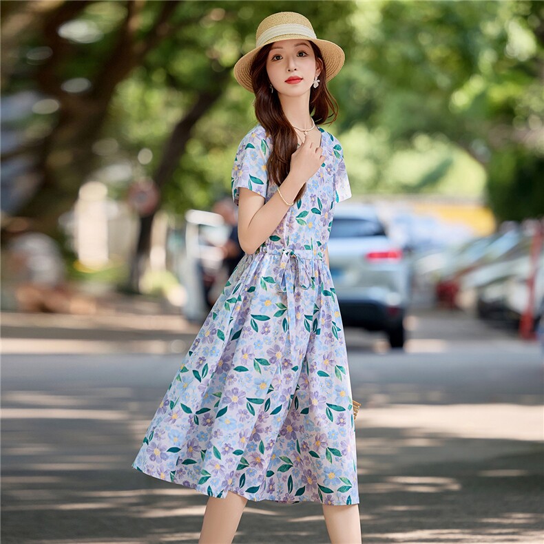 温柔风花卉印花纯棉连衣裙女2026夏薄款短袖气质收腰显瘦减龄裙子,女装连衣裙,倪叶myz