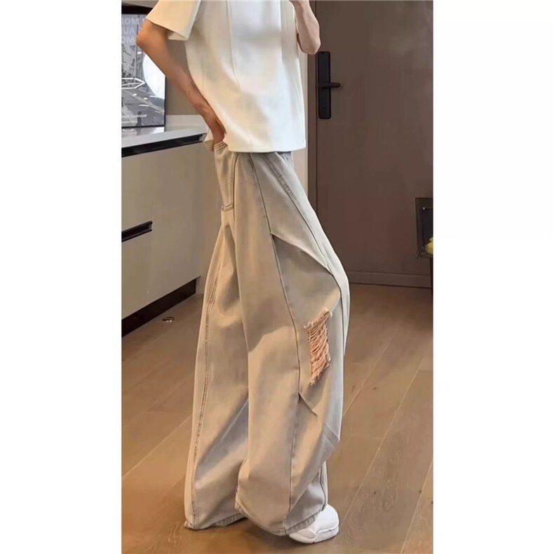 百搭美式高街vibe解构弯刀水洗破洞牛仔裤男女新款直筒宽松阔腿裤,男装牛仔裤,星座506A