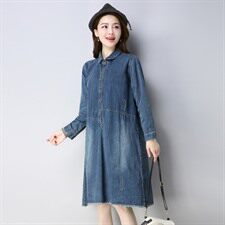 牛仔布潮流休闲时尚气质长袖排扣翻领纯色2021年春季连衣裙，女装连衣裙，小林双子