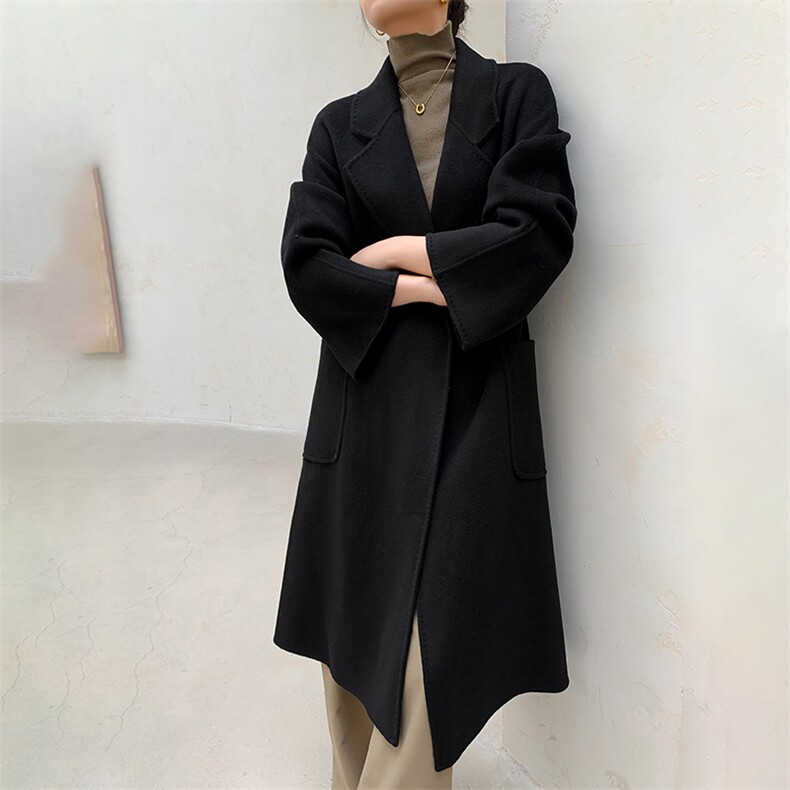 翻领双面羊绒大衣女中长款2024新款秋冬毛呢外套，女装双面呢大衣，鹿展羊绒大衣