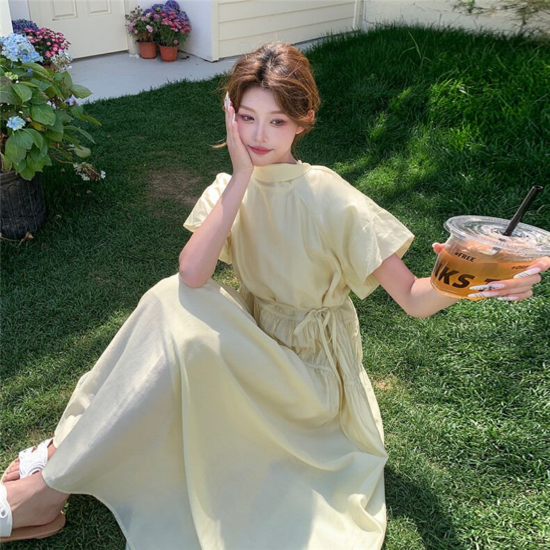 黄色甜美泡泡袖法式桔梗a字长裙女夏季新款女神范气质显瘦连衣裙,女装连衣裙,2C216