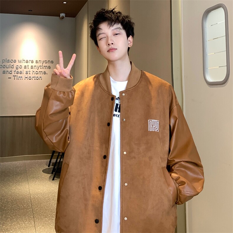 ！2023新款男士加厚鹿皮绒拼皮夹克棒球服外套JK191P85控138,男装夹克,电商B220