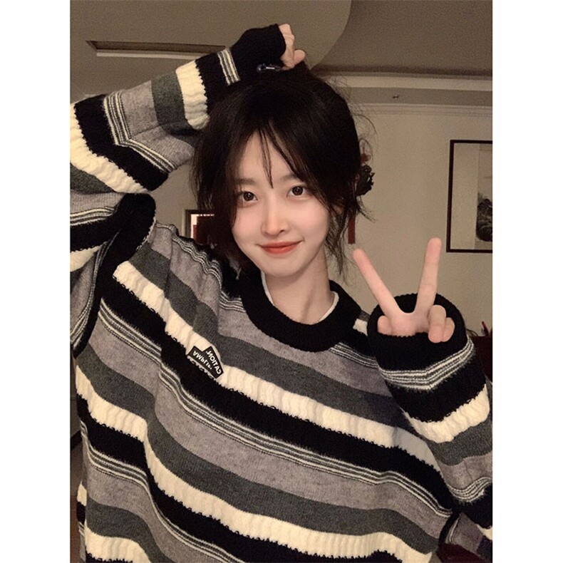 美式复古学院风条纹毛衣女秋冬日系慵懒风潮牌宽松软糯糯针织外套,男装针织衫/毛衣,星座506A