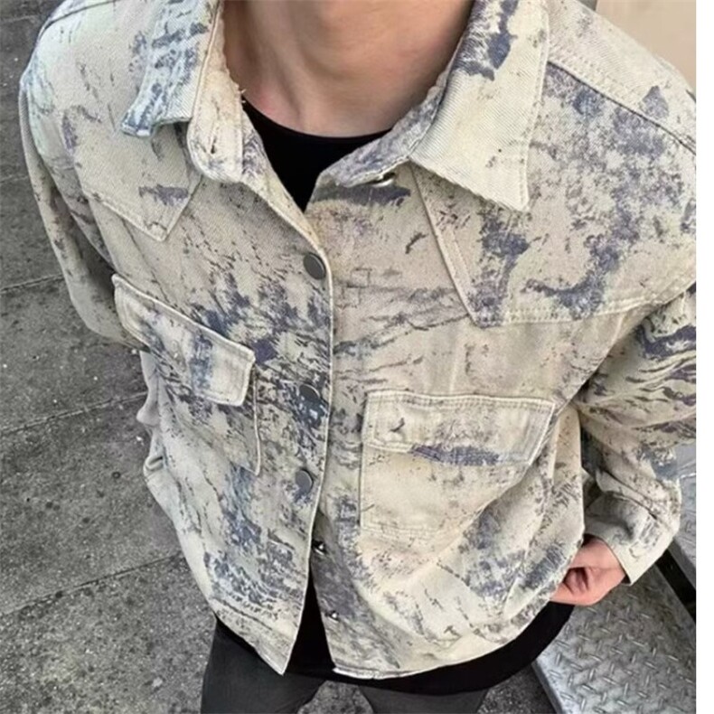 美式复古水洗做旧扎染牛仔夹克男ins潮牌高街多口袋宽松工装外套图片