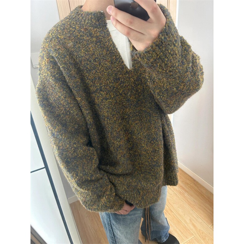 冬季复古百搭慵懒宽松大版型圣诞苔藓绿V领落肩毛衣男 MY299图片