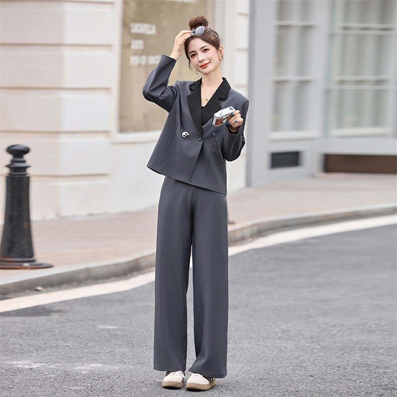 撞色西装领双排扣外套+阔腿裤两件套2531P165,女装套装/套裙,乐衣轩