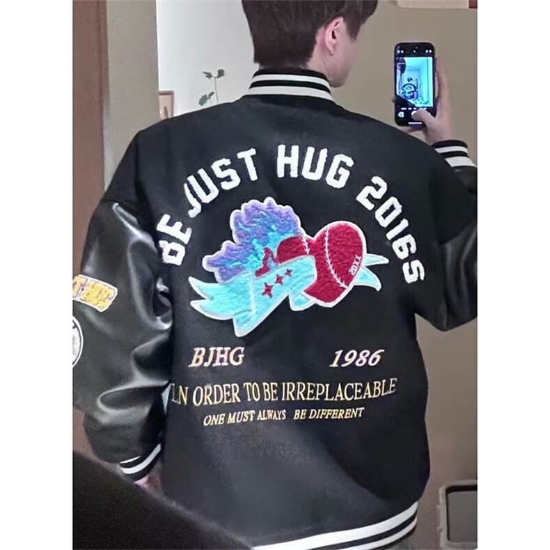 PU皮拼接cleanfit夹克男夏季潮牌美式复古宽松廓形情侣棒球服外套图片