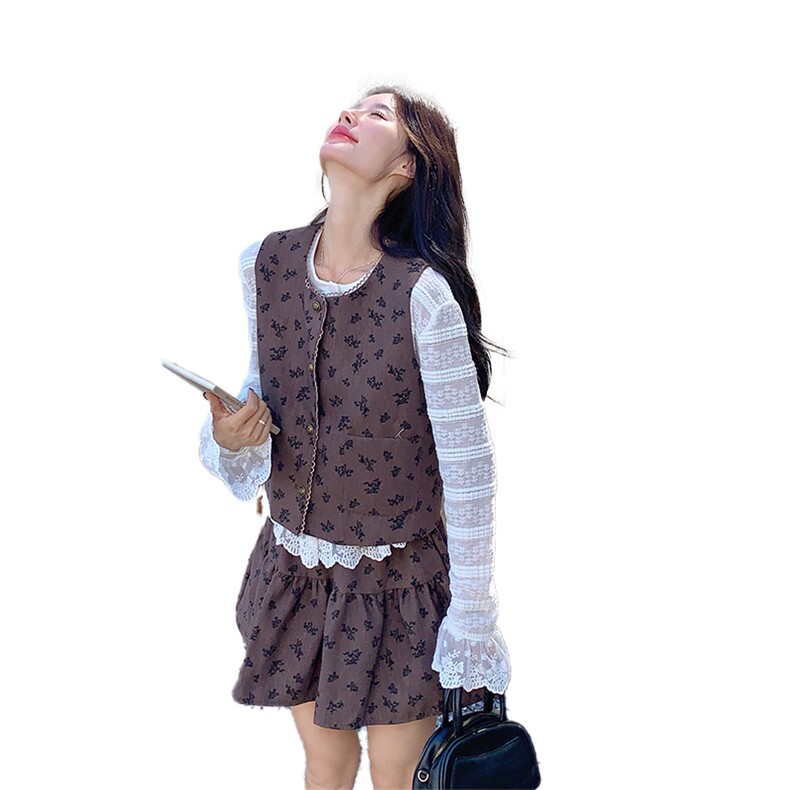 咖色复古印花小香风马甲套装裙女2025秋法式小个子减龄短裙三件套,女装套装/套裙,2C052