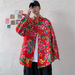 C203秋装长袖男士宽松东北大花港风衬衣外套民族特色牡丹花衬衣图片