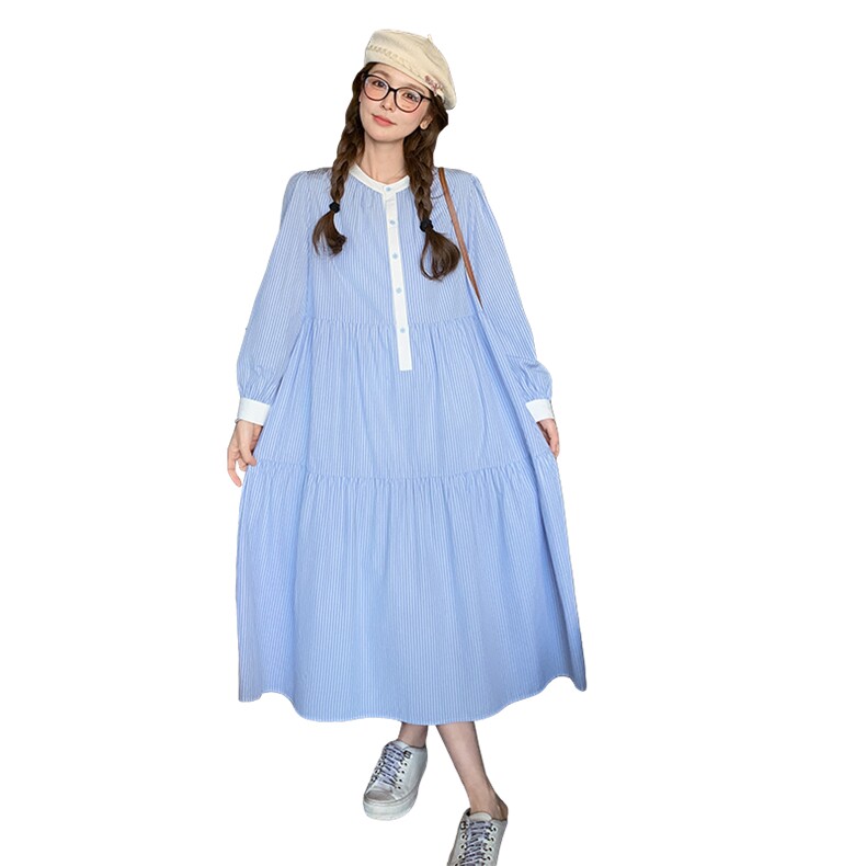 小清新蓝色条纹连衣裙女2025春季新款女装复古文艺宽松减龄衬衫裙,女装连衣裙,浙宝276（原081）