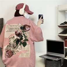 美式复古麂皮短袖阔版宽松街头高报纸玫瑰上衣XZ301B-JB4302-P28，男装T恤，星座301B