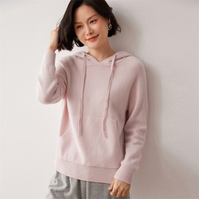 秋冬新款洋气时尚百搭显瘦女款35%山羊绒帽衫,女装羊绒衫,艾巧羊绒