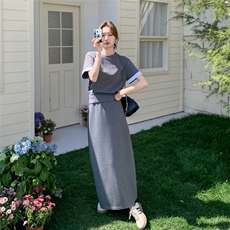 灰色简约休闲套装裙女2025夏季新款设计感短袖T恤半身裙两件套潮，女装套装/套裙，2C095
