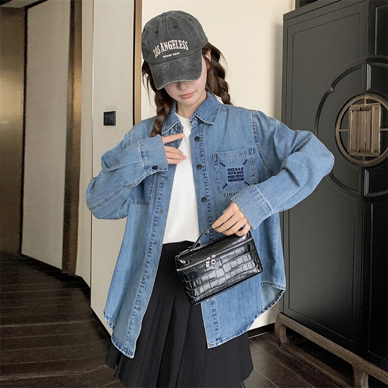 水洗做旧刺绣数字牛仔长袖衬衫外套女美式宽松中长款男友风春装BF,女装衬衫,浙宝220