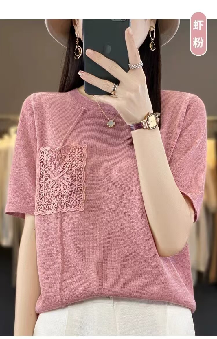 夏季薄款竹节麻短袖韩版冰丝t恤女针织衫时尚上衣设计感小众外穿，女装T恤，德尔信羊绒