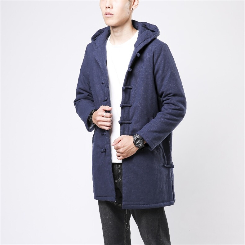 9070^风男装中长款唐装棉袄加厚连帽盘扣棉衣外套中式居士服图片