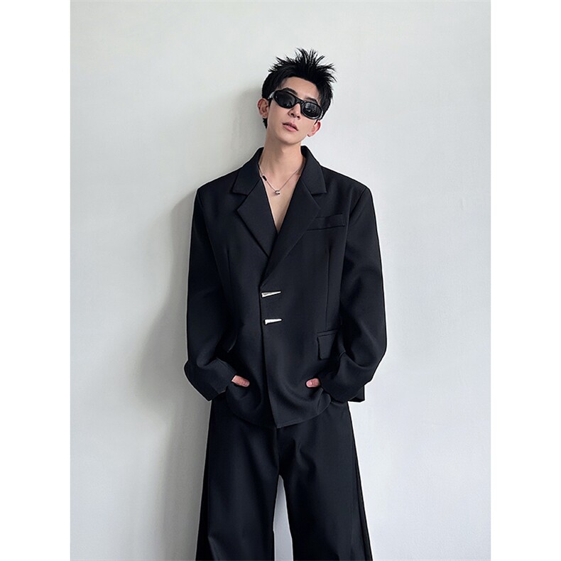 廓形痞帅黑色西装外套男高级感金属扣垫肩休闲西服XZ24P118,男装西服套装,星座512-1（原513-3）