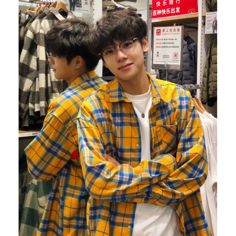 黄色格子衬衫高级设计感2025春秋新款宽松休闲风上衣潮C2622,男装衬衫,星座601-1