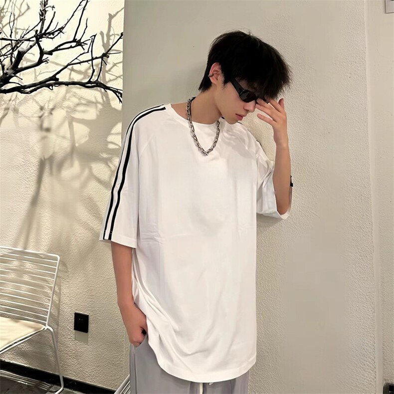 抖音得物高品质二开240克宽松纯棉美式潮牌三条杠织带短袖T恤,男装T恤,电商A486