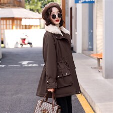 2021冬季新款时尚拼接羊羔毛翻领修身抽绳毛绒内里保暖派克服，女装派克服，菡迪欧娜