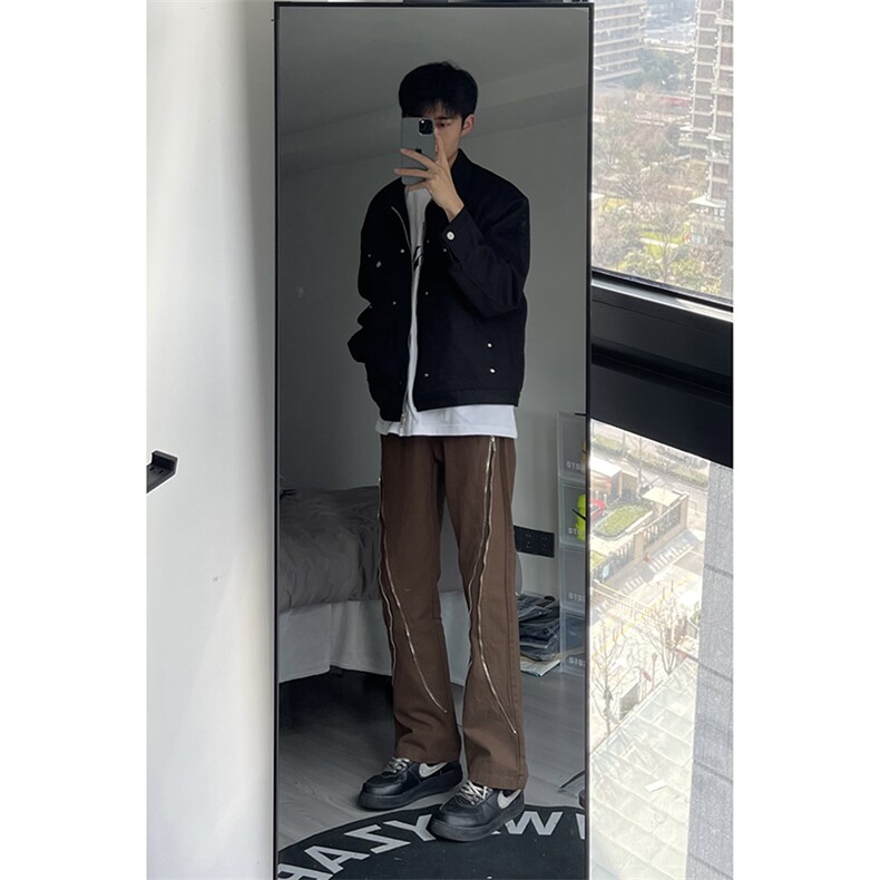 B221美式ins高街小众情侣款拉链微喇休闲裤LK23029-P60控78,男装休闲裤,电商B221
