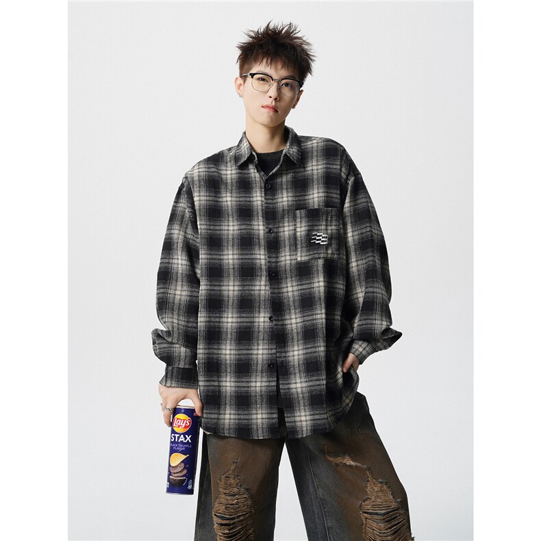 复古格子长袖衬衫男秋季百搭刺绣休闲衬衣美式情侣款上衣502特P40，男装衬衫，星座710