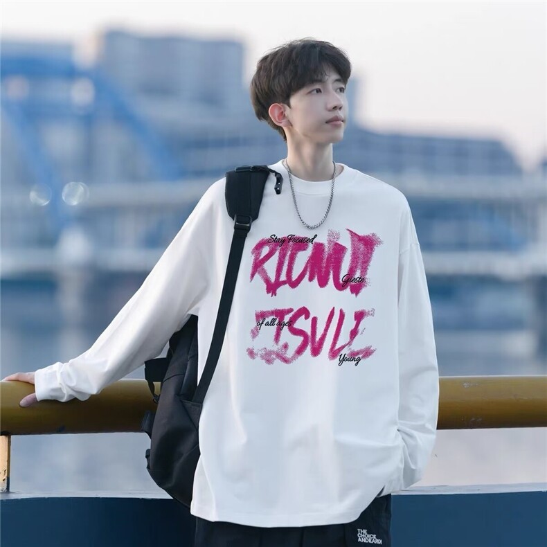 2025男长袖t恤秋季打底衫长袖纯棉秋季港风印花宽松潮流上衣，男装T恤，星座506A