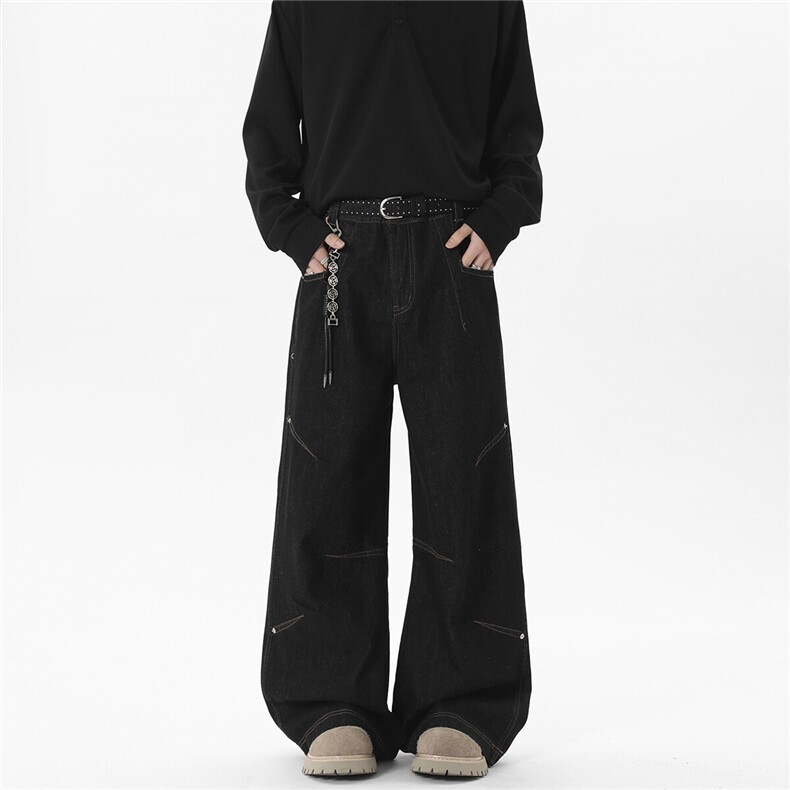 xz905-2-Z073#P65-（控98）高街原素黑色阔腿水洗牛仔裤,男装牛仔裤,星座905-2