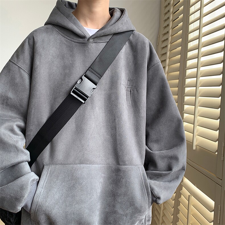 美式重磅麂皮情侣风刺绣连帽卫衣男hiphop欧美高街宽松帽衫外套秋图片