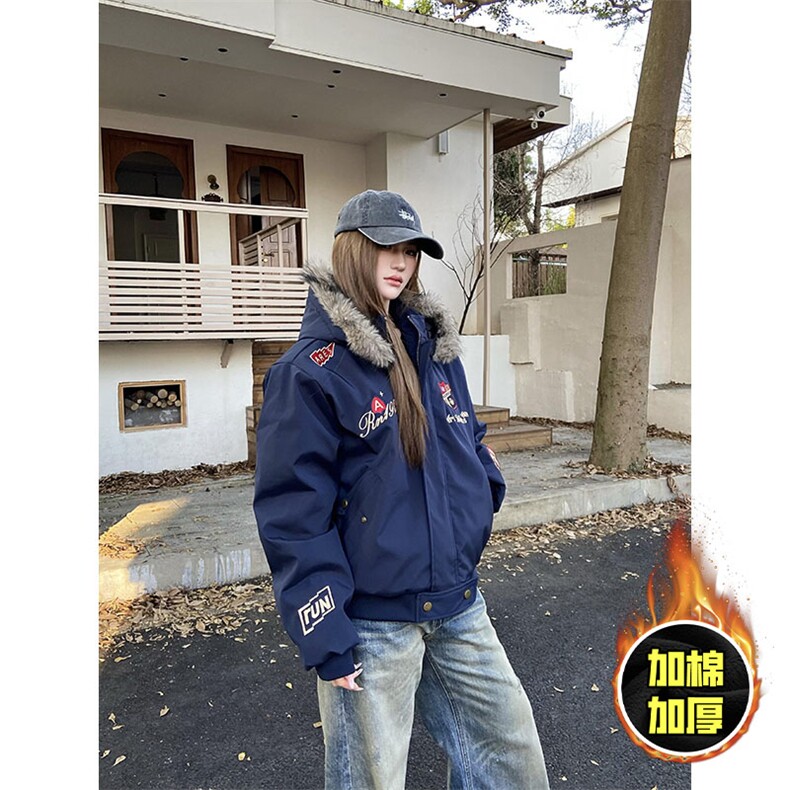 现货高品质美式高街重磅刺绣座山雕大毛毛领棉衣男女加厚棉服外套,男装棉衣,电商A486-1