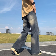 美式复古黄泥染渐变做旧破洞垂坠感牛仔裤慵懒直筒阔腿长裤子，男装牛仔裤，星座601-2