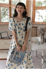 蓝白色碎花长款连衣裙，女装连衣裙，喜午