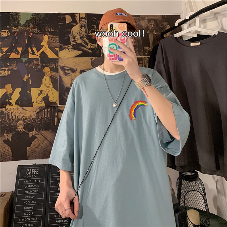 T3032/P20现货男士彩虹印花短袖T恤男女中性风情侣大码潮宽松半袖,男装T恤,电商A141