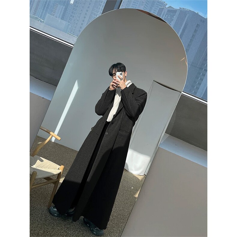 原版~秋冬超长款小众黑色毛呢大衣韩版宽松版型保暖外套Y981-P145,男装棉衣,星座1004-3