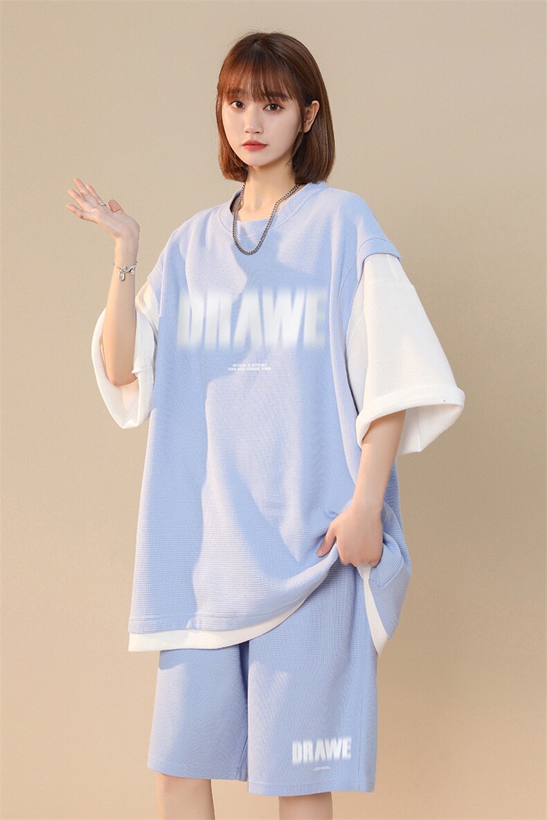 中性2023夏季印花圆领ins短袖运动风T恤套装TZ602P75控98,男装休闲套装,A247A