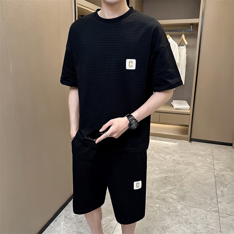 2025夏季店主风休闲百搭宽松短袖华夫格套装两件套TZ302-P88,男装T恤,电商A413