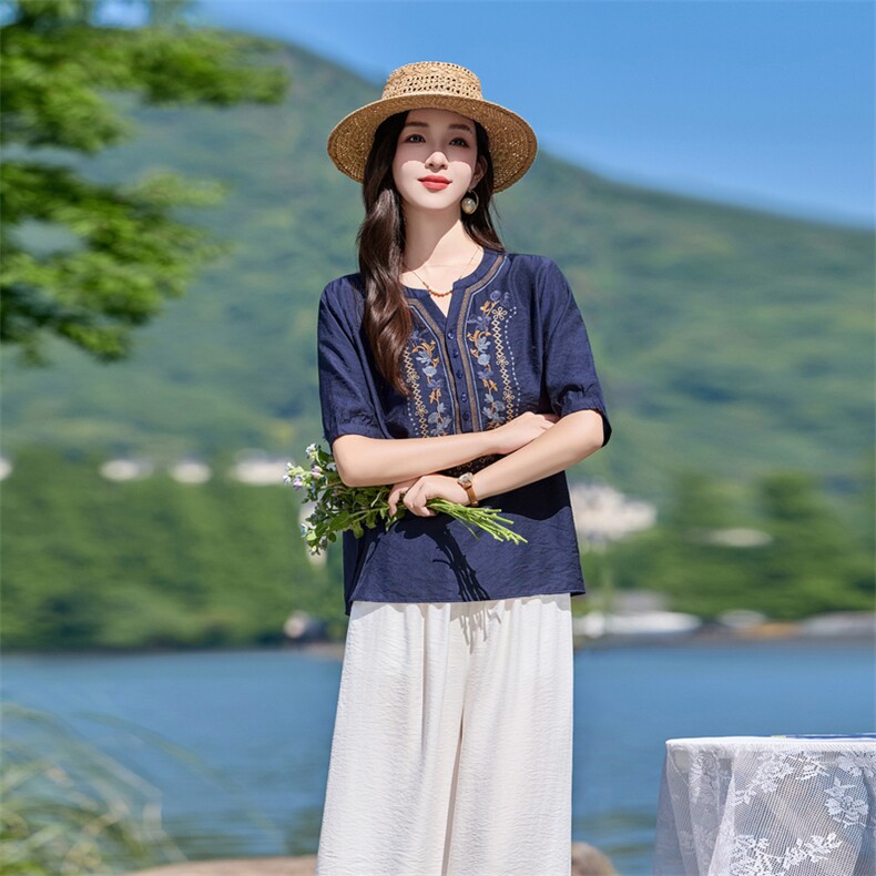 时尚洋气刺绣棉麻套装女2026夏季新款宽松遮肉显瘦阔腿裤两件套,女装套装/套裙,魅影