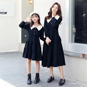 2021春秋季新款拼色长款亲子连衣裙蛋糕裙中长款复古长袖女,夏季气质商务风穿搭女图片