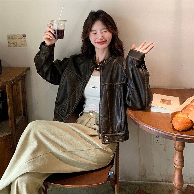 复古港风炸街皮衣夹克外套女2025春秋季新款宽松显瘦时尚短款上衣,女装皮衣,C位