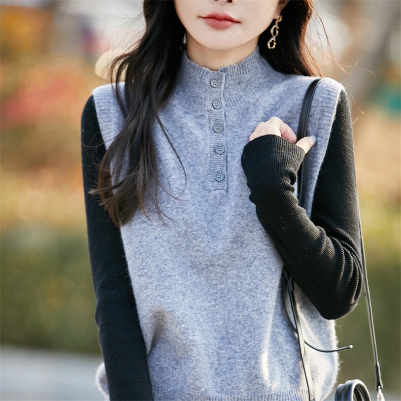 高领羊毛马甲针织背心女春秋宽松外搭叠穿纯色毛衣坎肩无袖上衣，女装马甲，哲奥羊绒