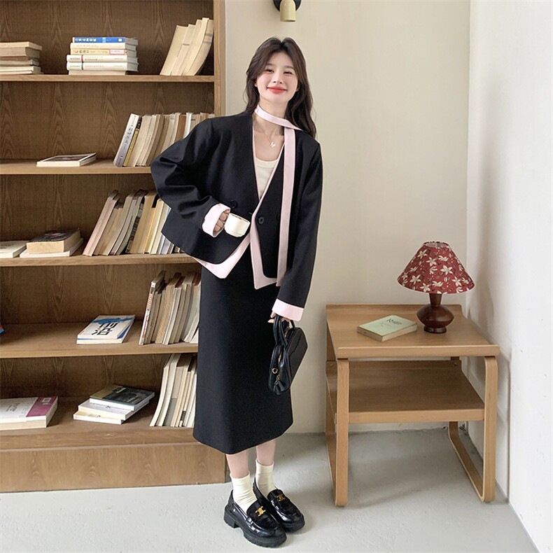 撞色拼接西装半身裙套装女2025春季新款超火ootd穿搭高级感两件套,女装套装/套裙,2D078