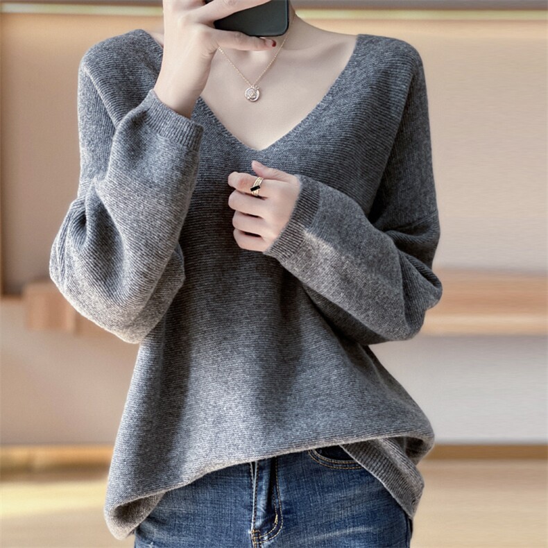 欧美秋冬新款宽松百搭女v领套头时尚毛衣中长款蝙蝠袖针织衫,女装羊毛衫,美雪羊绒