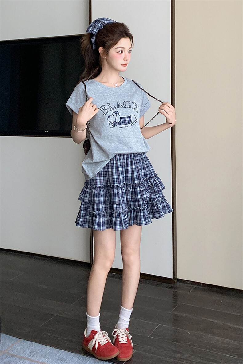 盐甜系卡通印花T恤格子半身裙两件套女2025夏新款韩版休闲小个子,女装运动套装,浙宝285（原212）