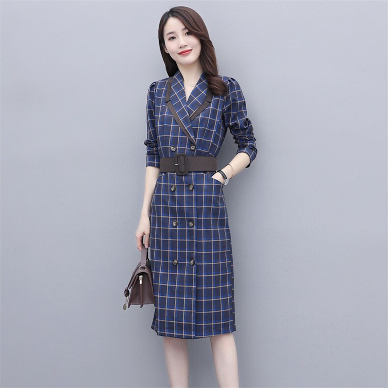 2025春款时尚优雅格子连衣裙修身显瘦长袖V领气质女装，女装连衣裙，施恩睿棋