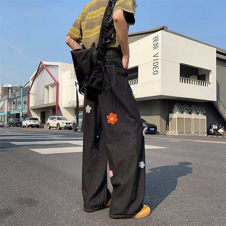 黑色趣味刺绣牛仔裤男设计感美式vibe裤子高腰直筒宽松阔腿裤,男装牛仔裤,星座601-1