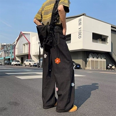 黑色趣味刺绣牛仔裤男设计感美式vibe裤子高腰直筒宽松阔腿裤，男装牛仔裤，星座601-1