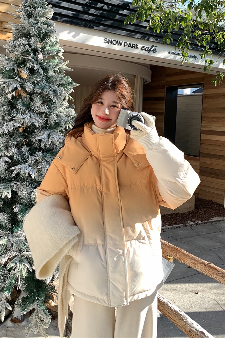 设计感黄色渐变色短款羽绒服女2025年冬季韩系少女感白鸭绒面包服,女装羽绒服,2C176