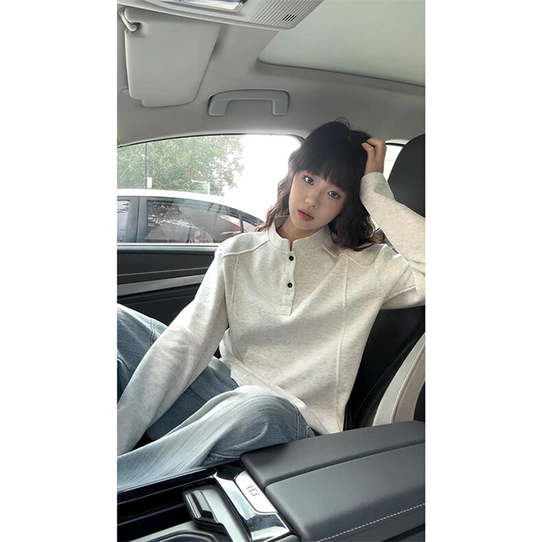抖音得物品质美式高街重磅曼巴棉拼接cleanfit亨利领卫衣长袖T恤,男装T恤,电商A486