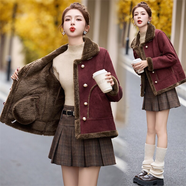 【新款现货】2024冬季新款高级感减龄皮毛一体加厚麂皮绒外套棉服，女装棉衣/棉服，奕薇雅