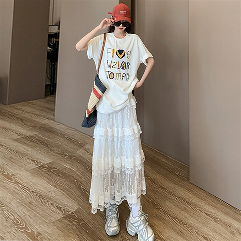 少女感休闲时尚运动套装女夏新款圆领字母印花上衣蕾丝长裙两件套图片
